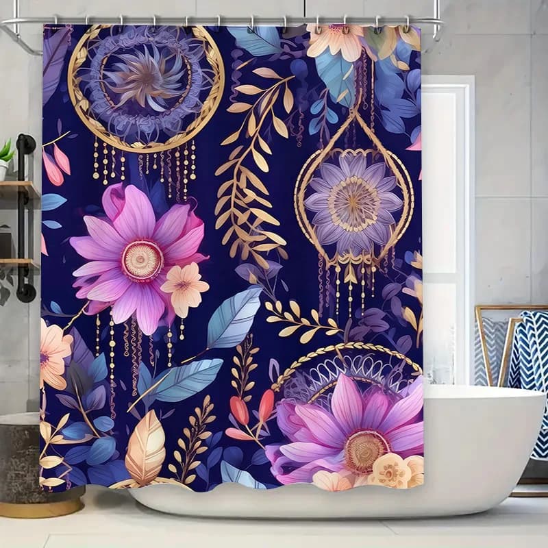 Vibrant Bohemian Blue Shower Curtain: Floral Decorative Bath Rug Liner Purple Pink Yellow Gold Dream Catchers Leaves 180X240cm B