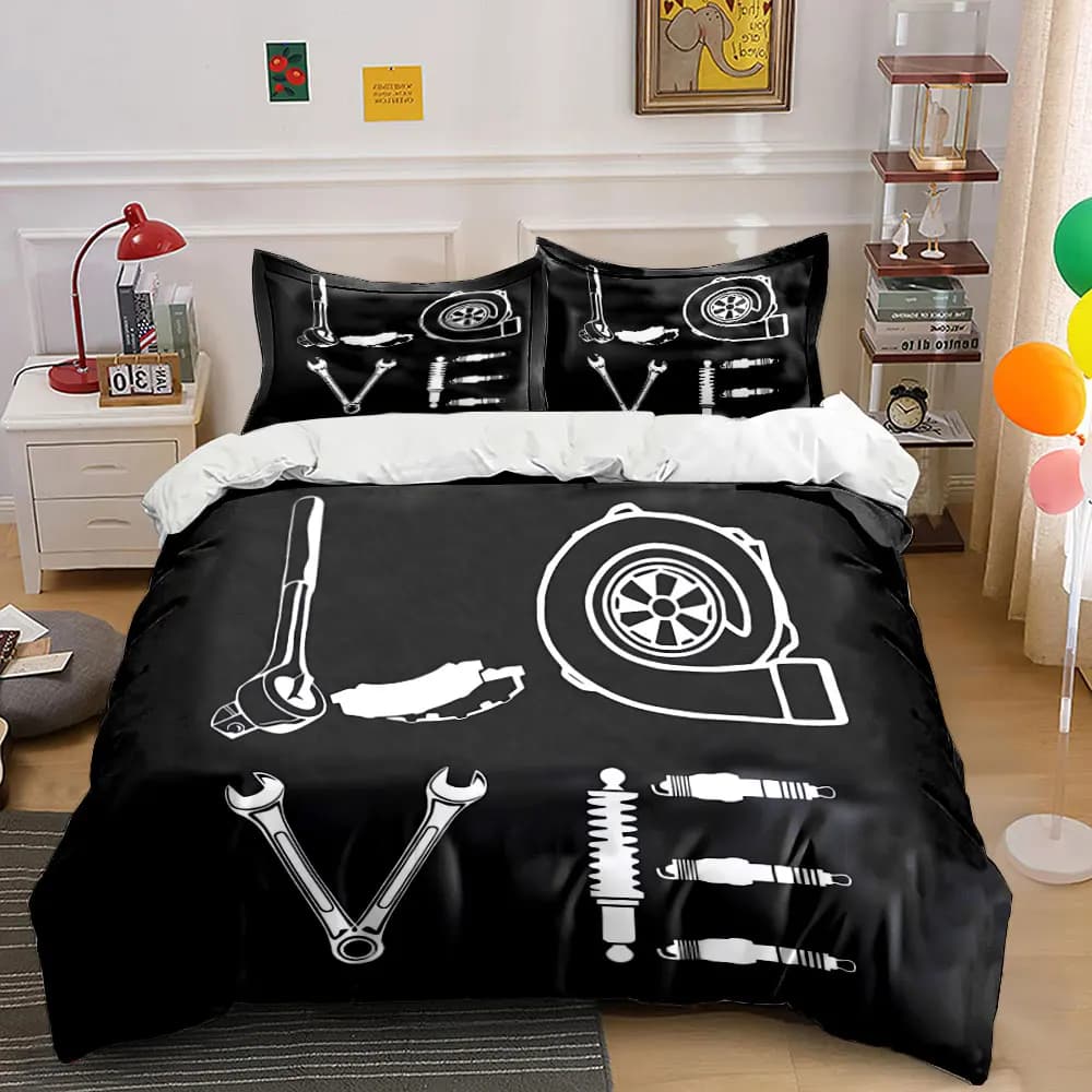 Set di adesivi per attrezzi automobilistici, set di biancheria da letto con 1 copripiumino, 2 federe, singolo, matrimoniale, king size, queen size, regalo