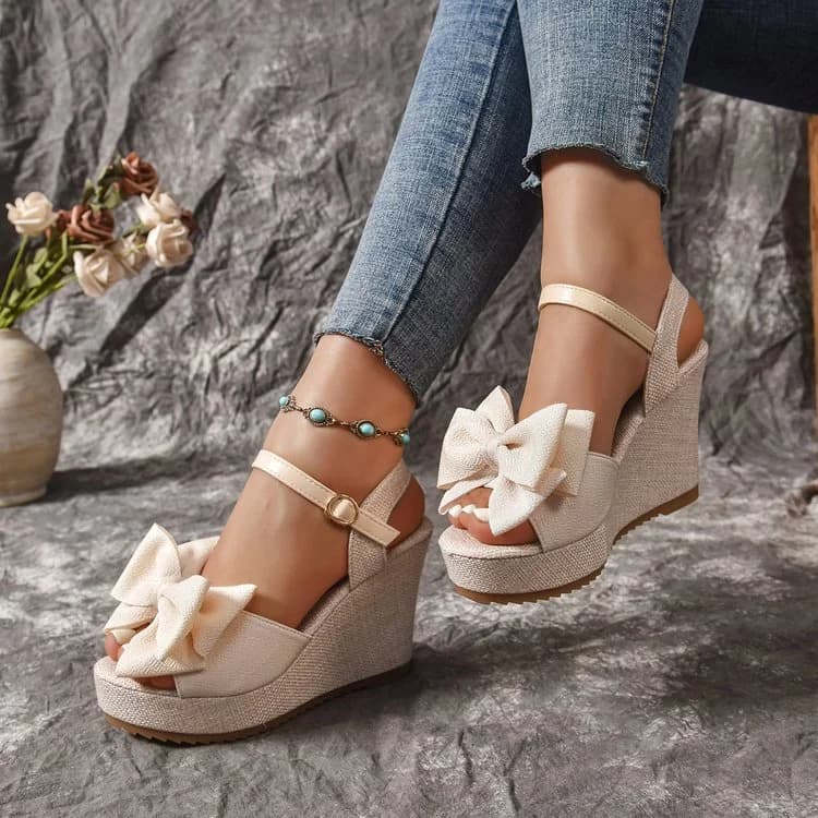 Sandali con Zeppa e Fiocco da Donna, Nuovi Stile Coreano Estivi con Suola Spessa Intrecciata, Tacchi Alti con Apertura Posteriore per Aumentare l'Altezza