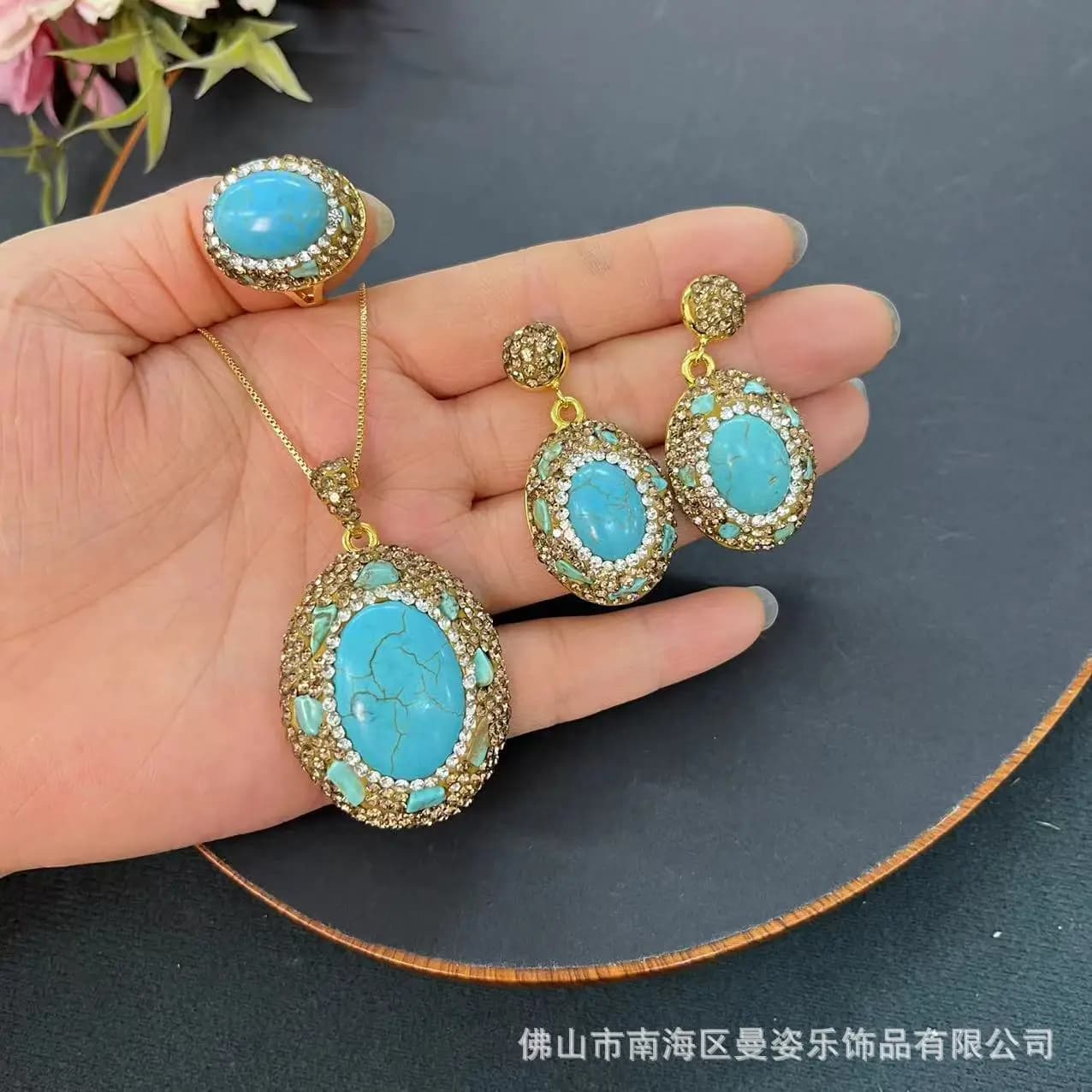 DIY accessories Turquoise series retro style jewelry set, earrings, necklace, ring, bracelet combination, expensive set, factory