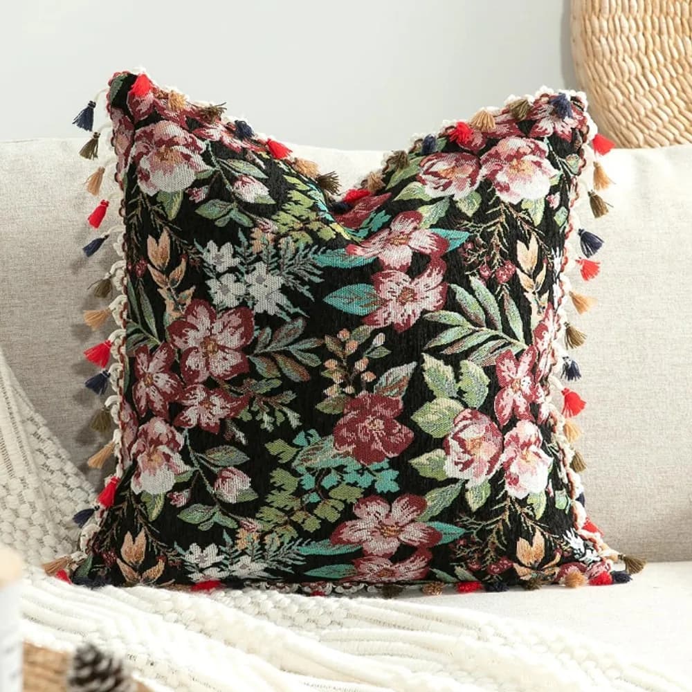 Moroccan Style Throw Pillow Cover, Blooming Flower Accent Cushion Cover, Tufted Decor Square Pillowcases for Bedroom Sofa Couch