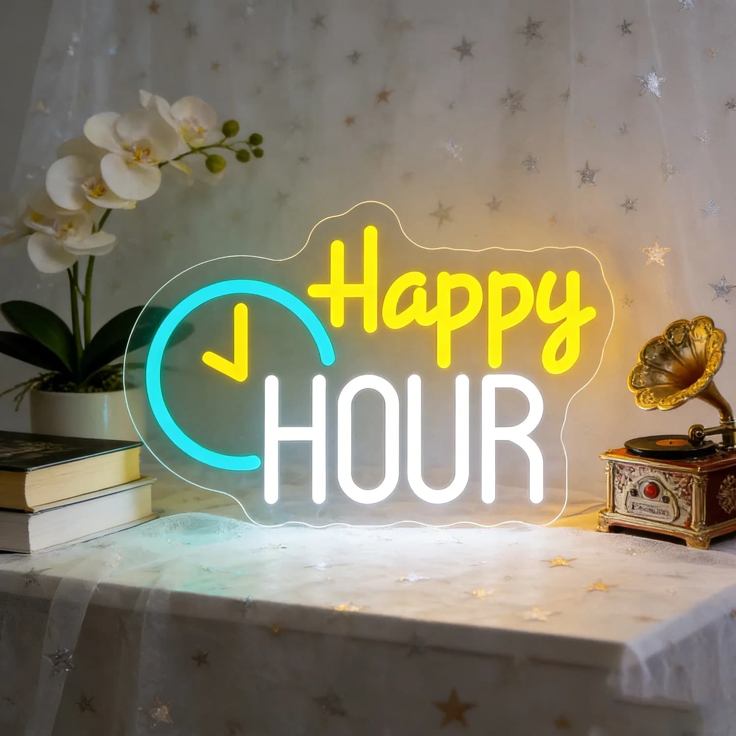 Insegna al Neon Happy HOUR con Orologio Blu, Decorazione LED da Parete per Casa, Bar, Feste, Matrimoni, Crea un'Atmosfera Accogliente e Romantica, Regalo Luminoso