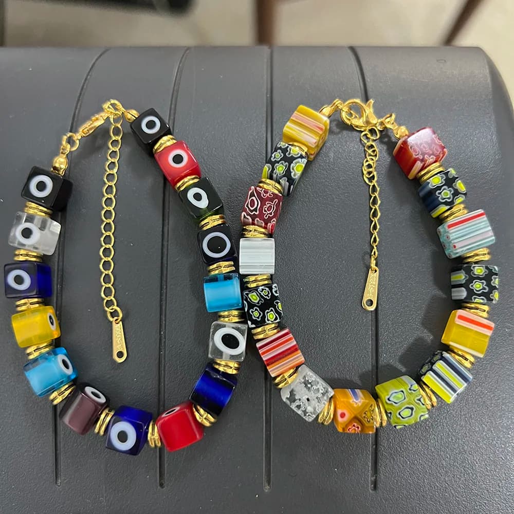 2pcs New Handmade Murano Eye Thousand Flower Glass Bead Bracelet Fashion Bead DIY Chain Adjustable Handstring Jewelry