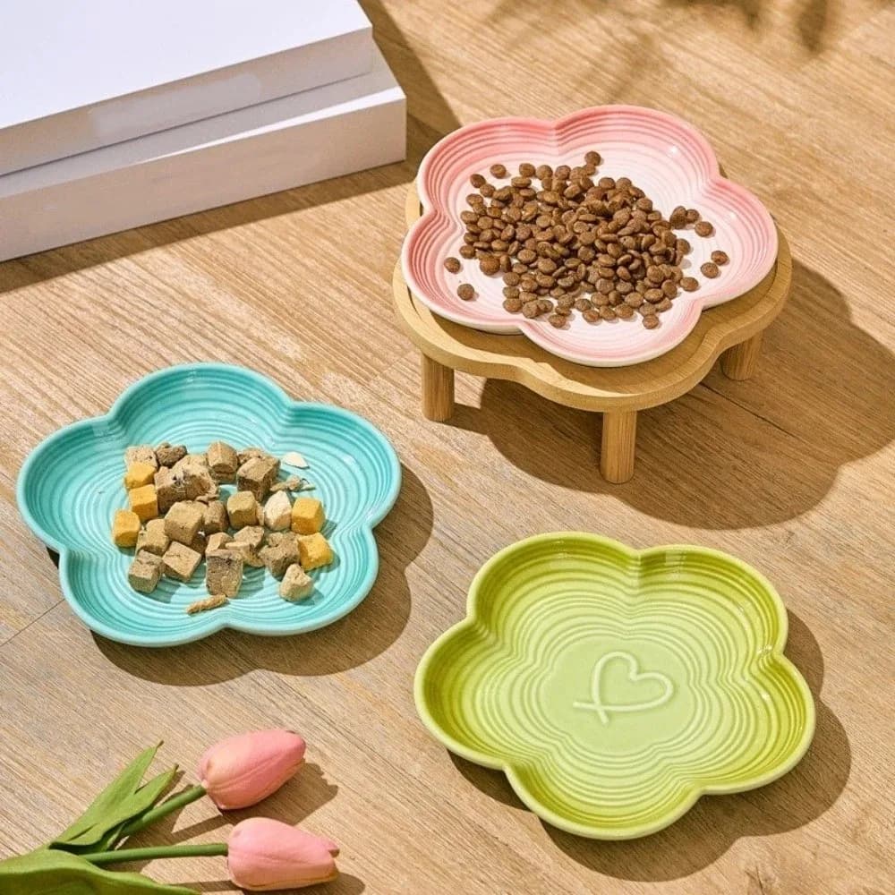 Large Capacity Ceramic Elevated Cat Bowl Anti Tipping Anti-slip Pet Food Bowl with Wood Stand Cervical Spine Protection