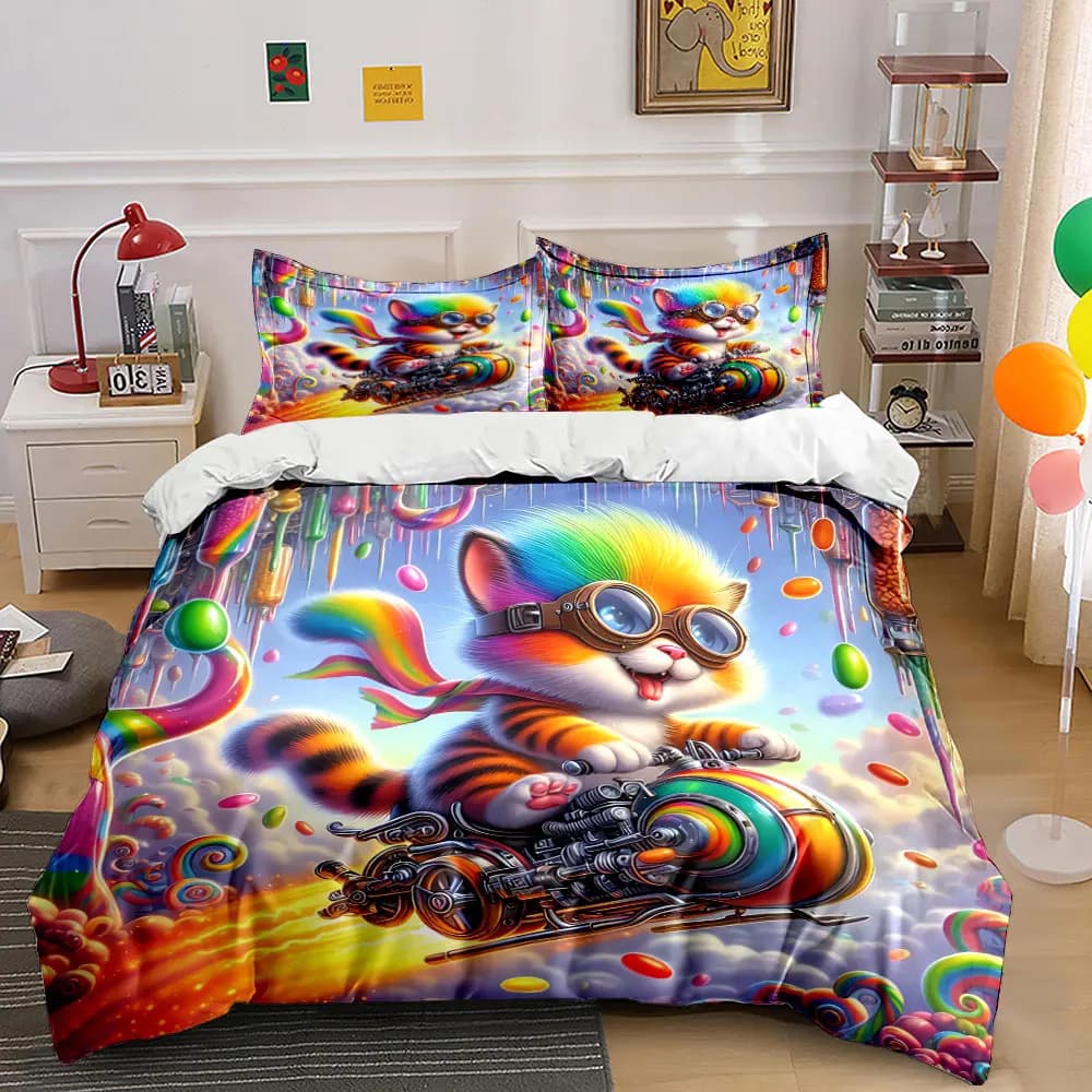 Set copripiumino da 3 pezzi Rainbow Candy Tabby Cat Flying Motorcycle, biancheria da letto per bambini Magical Sky, letto singolo, matrimoniale, king, queen, regalo
