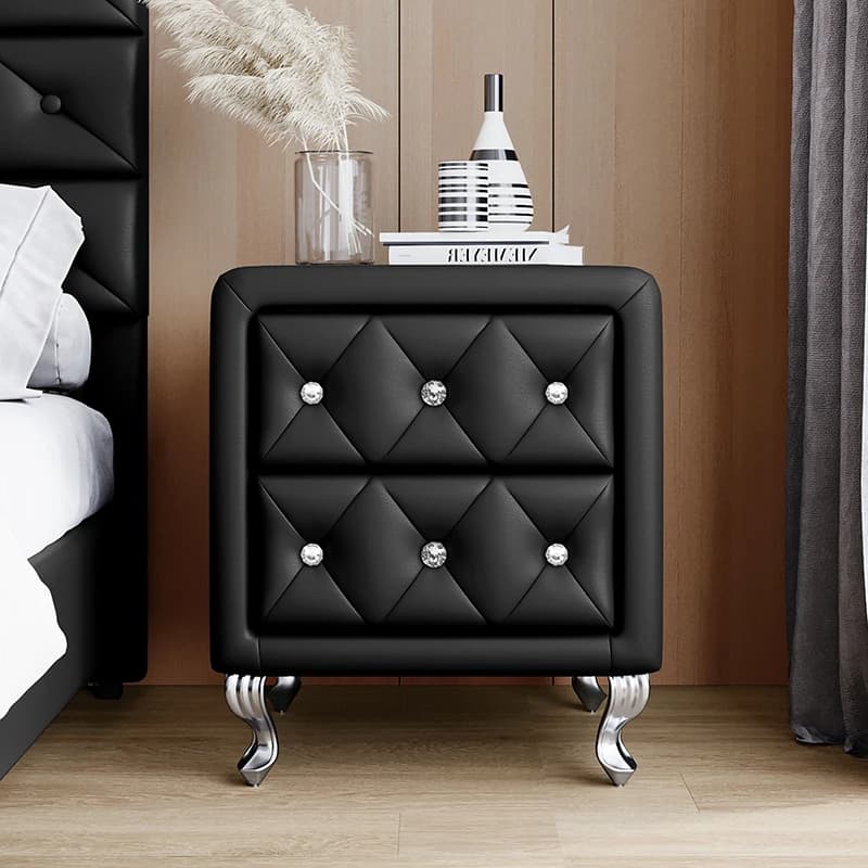 Elegante comodino in PU con 2 cassetti e manico in cristallo, completamente assemblato eccetto gambe e maniglie, comodino portaoggetti con gamba in metallo