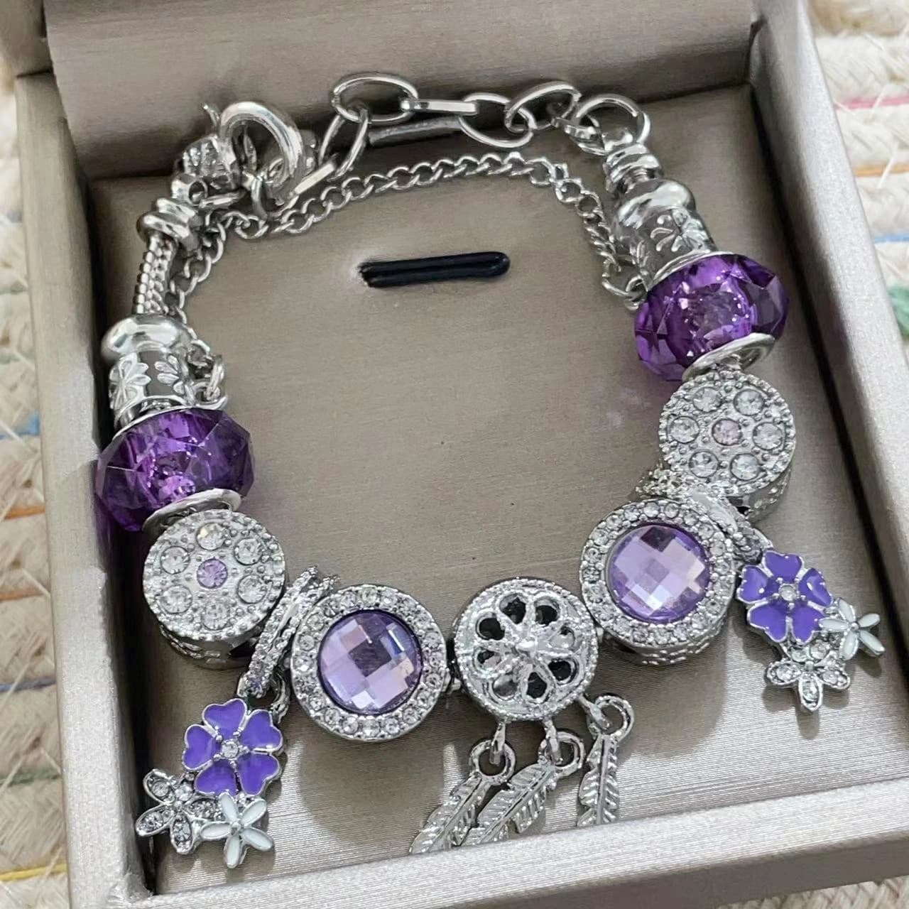 Purple Crystal European Charm Bracelet Silver Plated Purple Rhinestone Beads Enamel Flower Leaf Dangle Charms Women Adjustable Bracelet