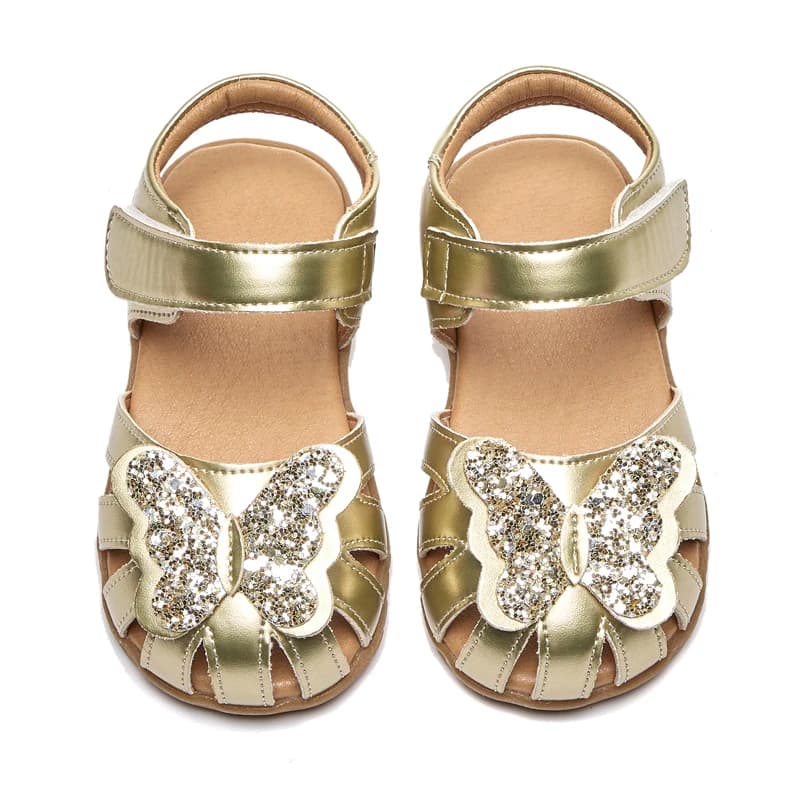 Sandali piatti per ragazze con farfalla scintillante in pelle scarpe estive per bambine con punta chiusa