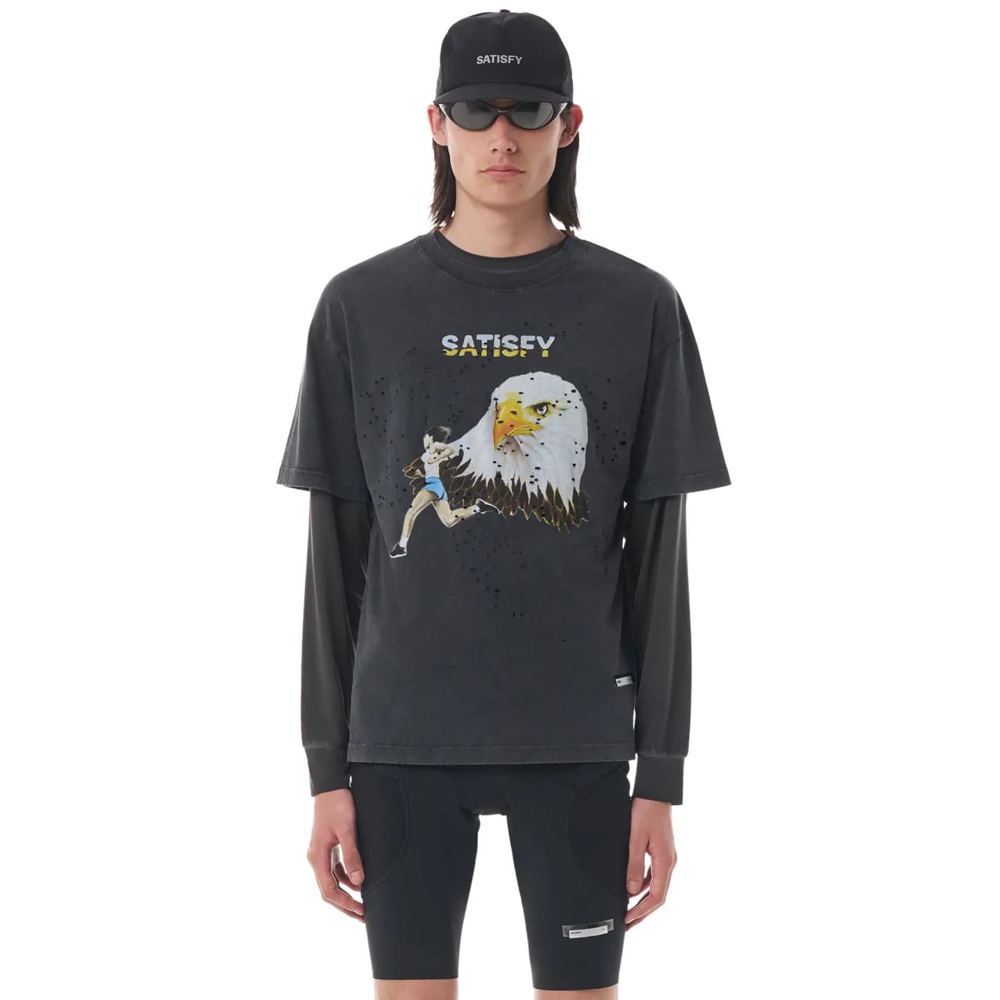 SATISFY MothTech T-Shirt: Round-Neck, Distressed, 100% Cotton, Eagle-Head Print Running Short-Sleeve T-Shirt