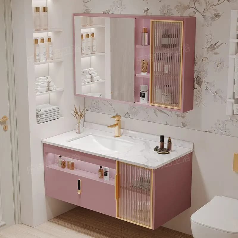 Mobili da bagno di lusso Lavabo in ceramica di roccia Mobiletto moderno con specchio intelligente Mobiletto da bagno con lavabo Mobili da bagno
