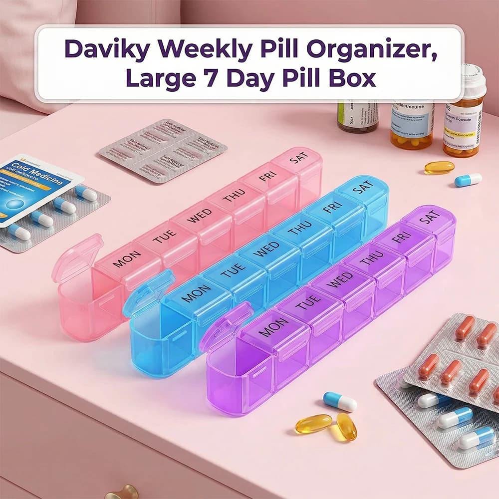 Daviky Portapillole Settimanale, Grande Contenitore per Pillole da 7 Giorni, Custodia da Viaggio per Pillole, Dispenser Giornaliero per Vitamine, Medicinali, Integratori