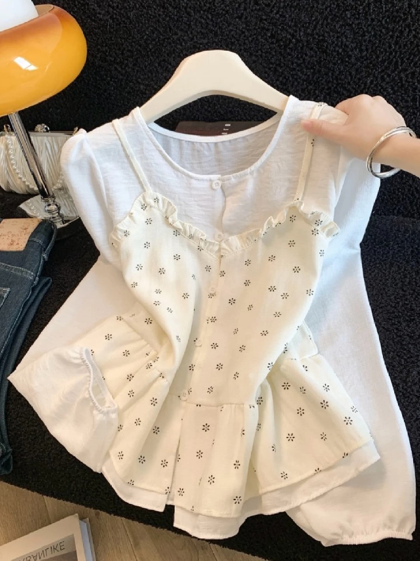 Sweet Style Floral Print Color Block Long Sleeve Shirt Fake Two-Piece Top Fashionable Youthful Spring Collection Women's Blouse