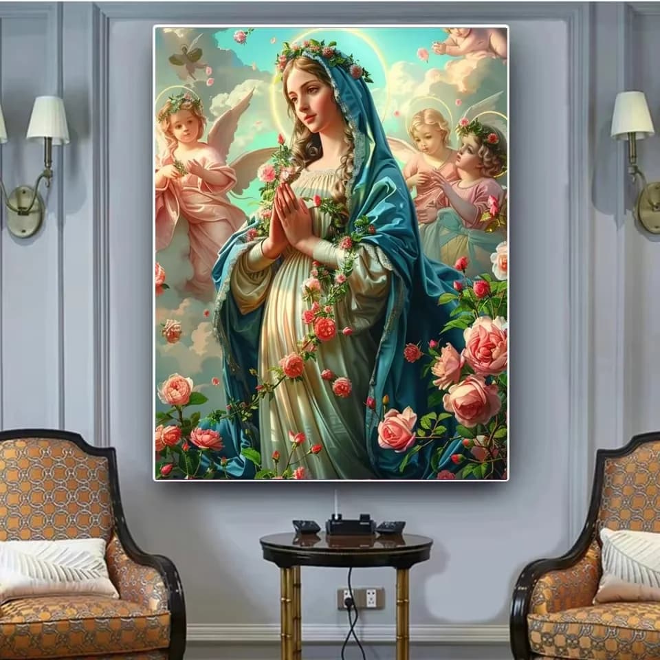 Diamond Painting Religioso Madonna Angelo Rosa, Ricamo Diamantato Mosaico Fai da Te, Punto Croce Rotondo Completo, Decorazione Casa