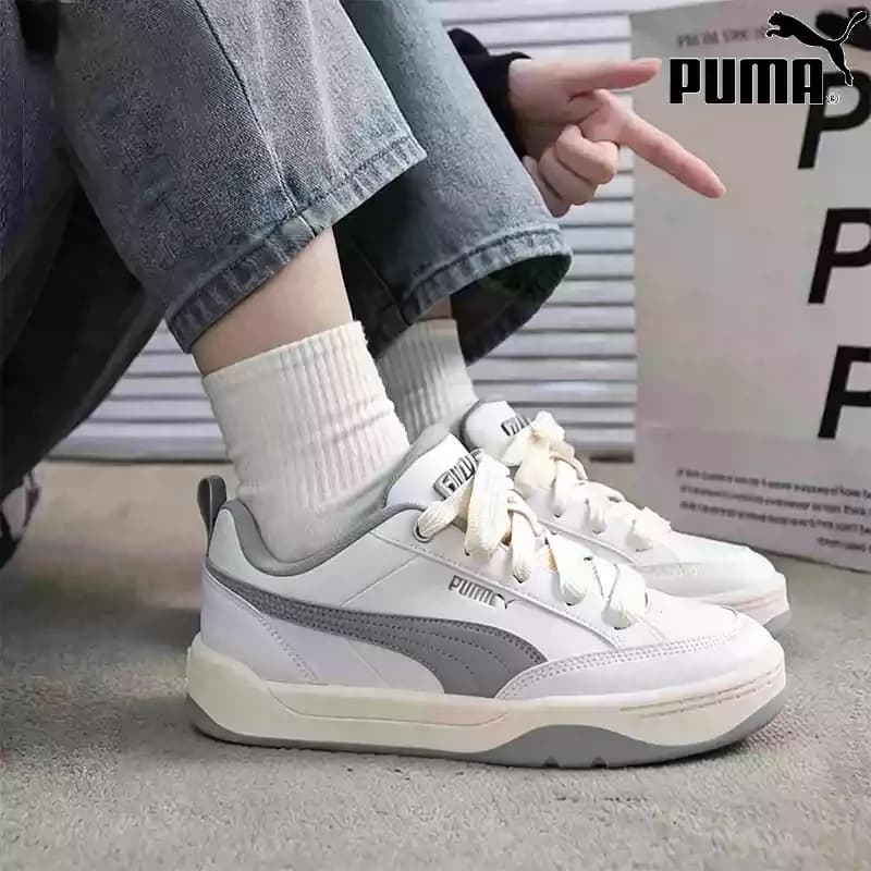 PUMA White Grey Leather Chunky Laces Thick Sole Casual Skate Sneakers 395084-01