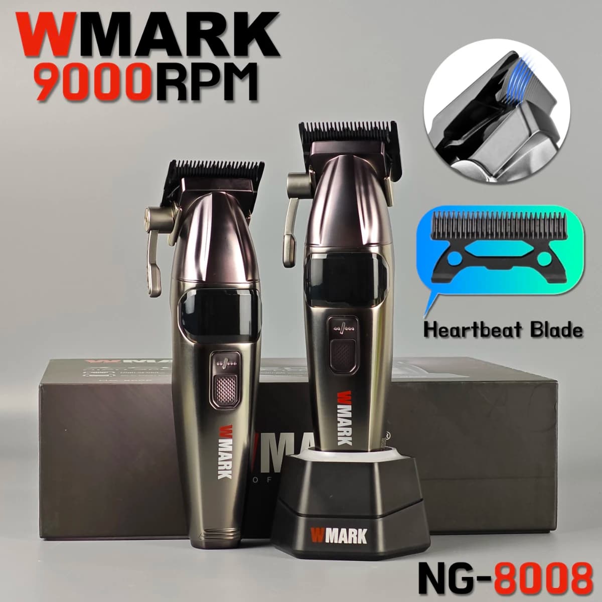 WMARK NG 8008 Tagliacapelli elettrico professionale 9000 giri/min Tagliacapelli Uomo 3200mAh DLC Lama curva sbiadita con base Barbiere