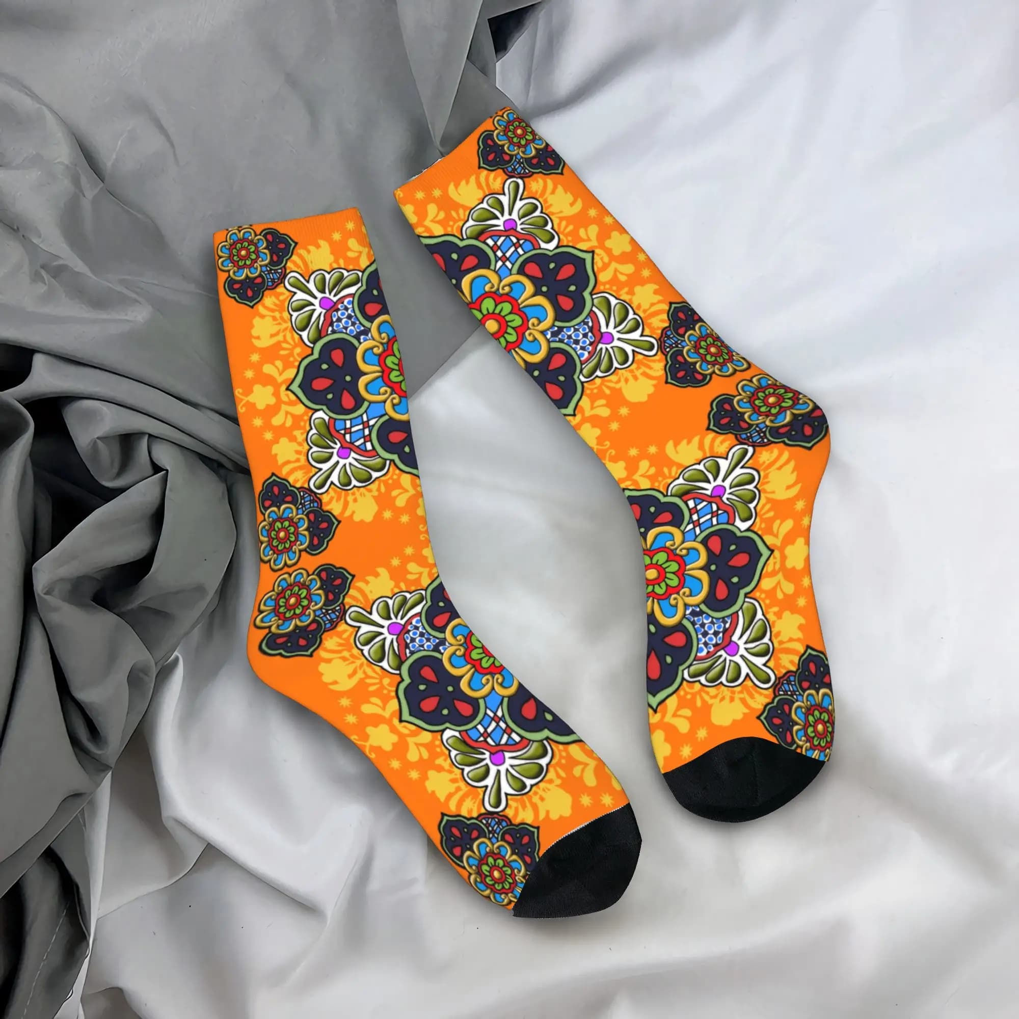 Custom Mexican Talavera Flower Ceramic Tile Men's Crew Socks Unisex Cool Spring Summer Autumn Winter Dress Socks