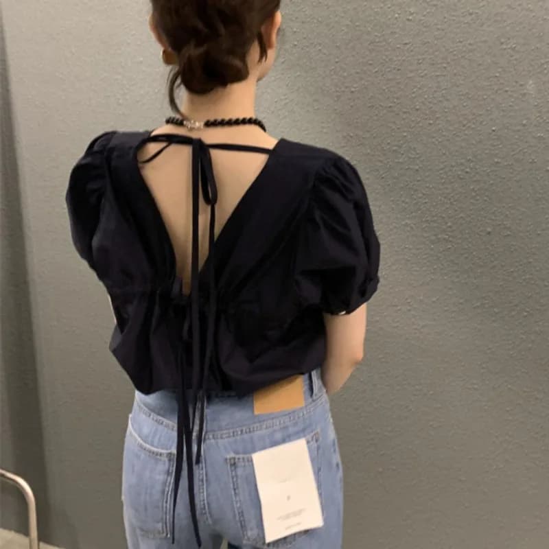 Camicia Estiva Chic da Donna con Cintura e Design Senza Schienale, Maniche Corte a Bolla, Top alla Moda Stile Coreano