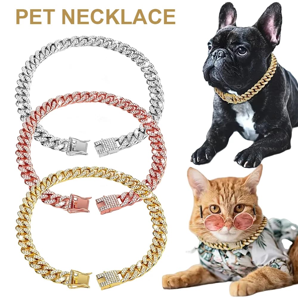 Nuovo Stile Collare per Animali Domestici, Collana per Gatti e Cani con Diamanti, Catene Cubane, Catene per Cani con Chiusura a Lucchetto, Oro, Argento, Oro Rosa, Accessori per Animali
