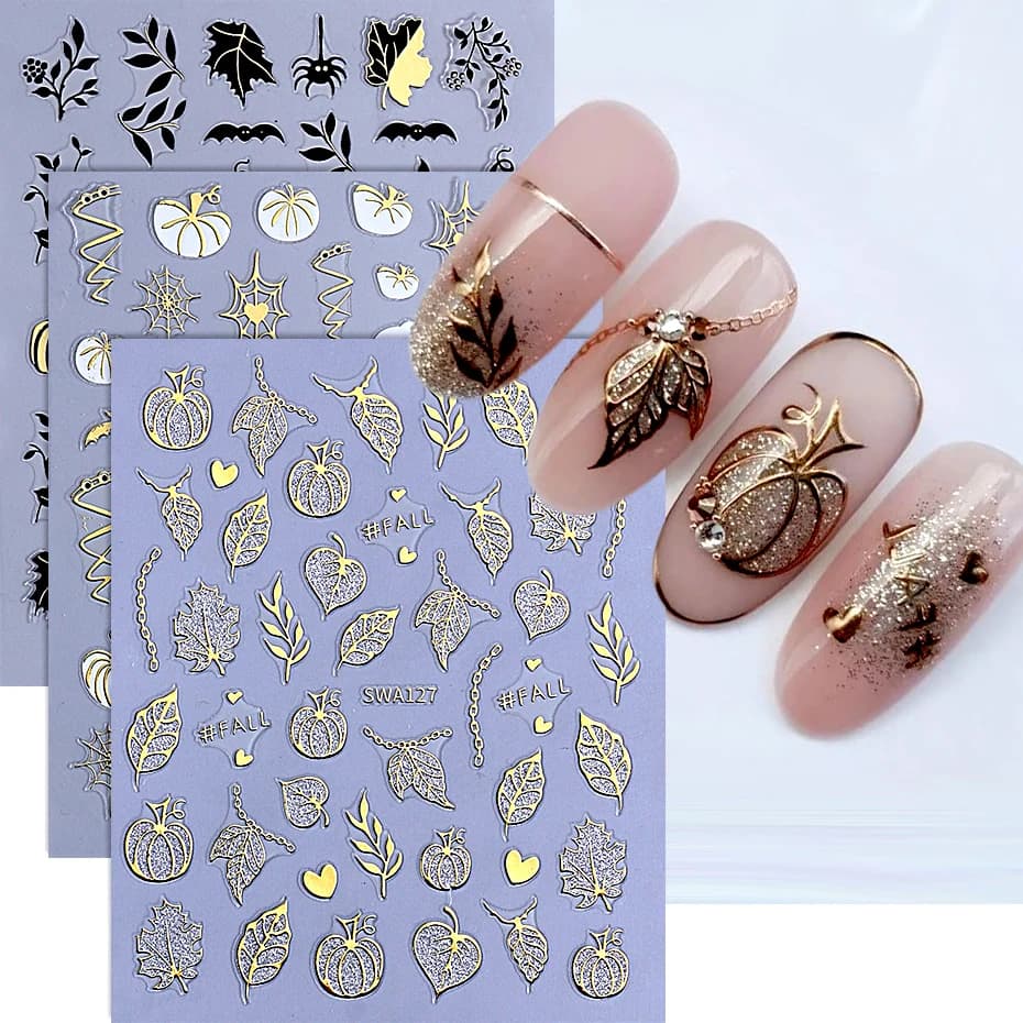 3 pezzi autunno adesivi per nail art decalcomania zucca dorata fantasma ragno cursore adesivo 3D per Halloween giorno del ringraziamento decorazione manicure