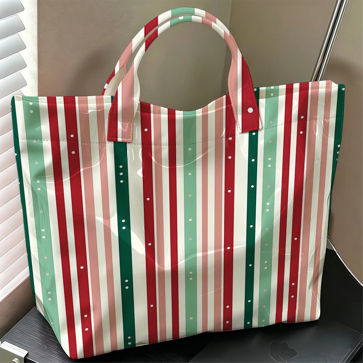 Crimson Stripe Cute Large Glossy PVC Tote Bag Hand Washable Lightweight Soft Great for Travel Commute Makeup Storage Handbags