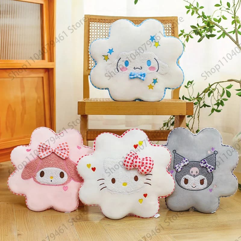 Sanrio Flower Shaped Hello Kitty Plush Pillow Kulromi Stuffed Doll Soft Kawaii Fluffy Anime Home Decor Gift for Girls Kids