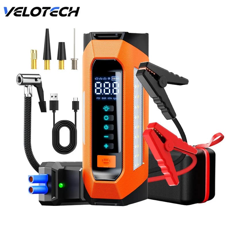 Avviatore di Emergenza per Auto 5000A con Gonfiatore Portatile e Funzione di Accensione, Booster 12V per Batteria Auto, Pompa d'Aria Elettrica