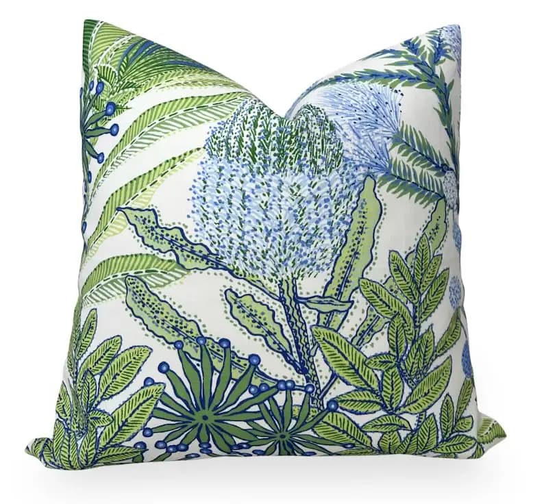 Protea Pillow Cover in Blue and Green, Designer Decorative Pillow Cover, Indoor Outdoor Pillow Cover