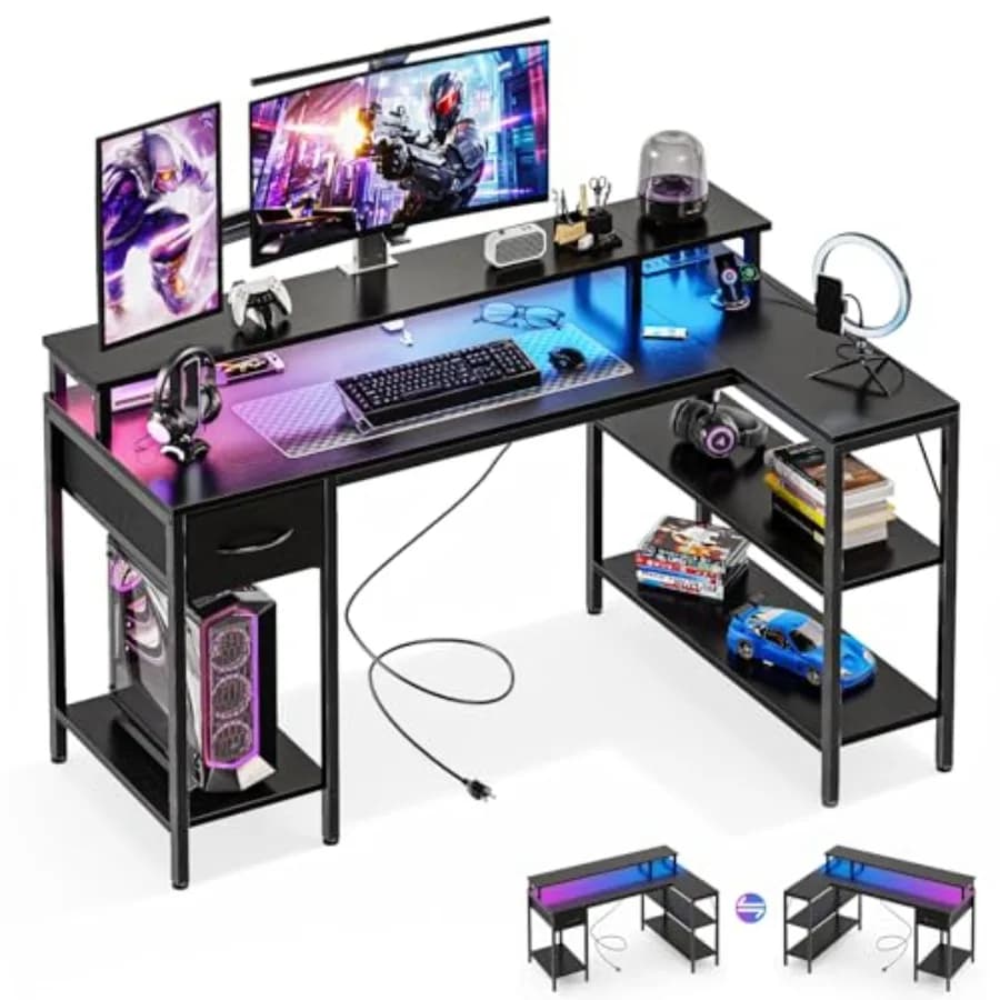 Scrivania da Gaming 53 Pollici con Porte di Ricarica USB e Luci LED, Scrivania a L Reversibile, Tavolo Angolare per Computer con Prese di Corrente