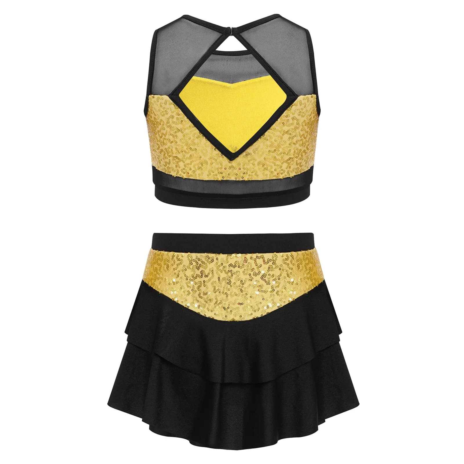 Girls Cheerleading Dancewear Shiny Sequin Hip Hop Jazz Dance Costume Outfit Sleeveless Sheer Mesh Crop Top with Tiered Skirt Set