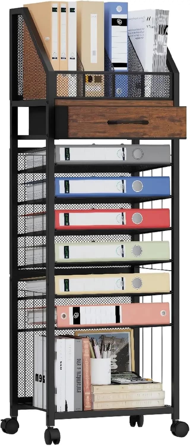 Carrello Portadocumenti a 9 Ripiani con Cassetto e Vassoi - Organizzatore da Scrivania in Legno per Ufficio, Casa, Scuola