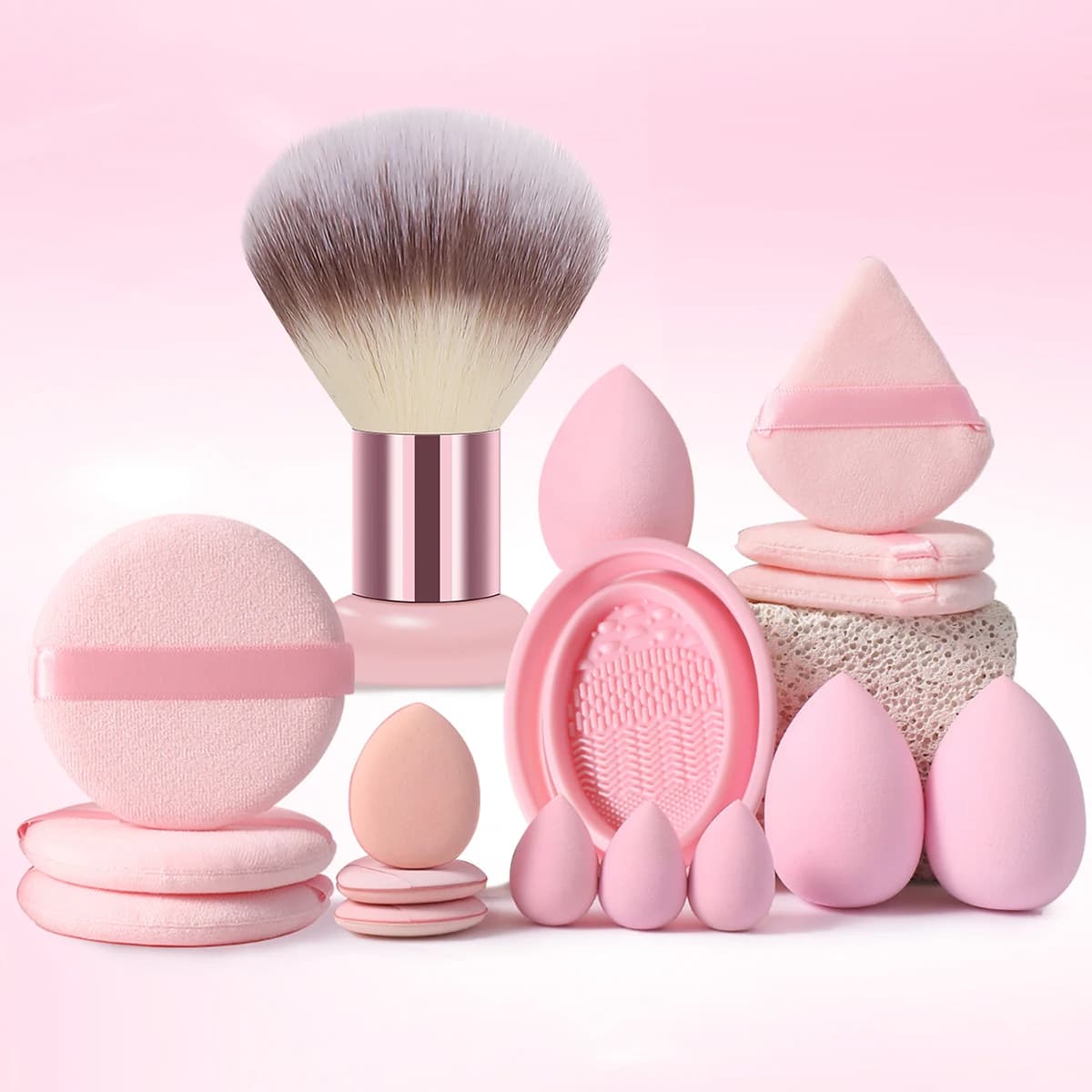 17PCS Makeup Tools Set Including:1 loose powder makeup brush+3PCS Makeup Sponges+3PCS Mini Makeup Sponges+3PCS Triangle Powder Puffs+3PCS Mini Air Cushion Powder Puffs+3PCS Circular Powder Puffs+1PCS Makeup Brush Cleaning Tools