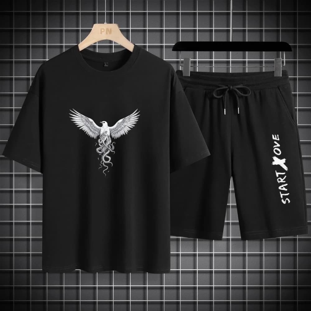 Completi da uomo 2026: Set sportivo due pezzi sottile, casual, comodo e leggero con stampa aquila bianca - T-shirt sportiva