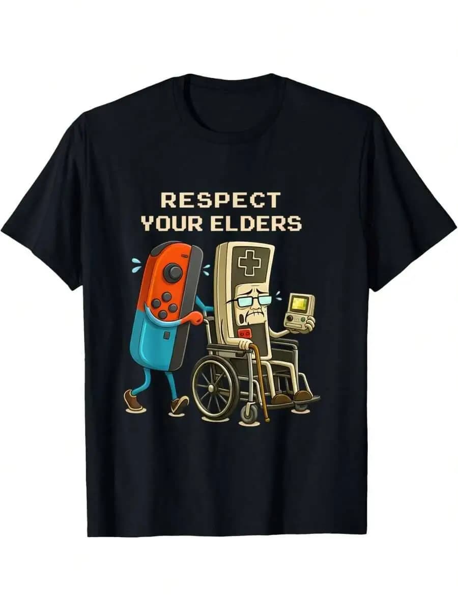 Plus-Size Men's Retro Gaming T-Shirt, Soft Breathable With Design That Respects Elders And Features Game Controller Pattern, A 100% Cotton Trendy Y2K Short-Sleeve Tee-Soft, Quick-Drying, Moisture-Wicking, Great Gift for Christmas or Halloween.