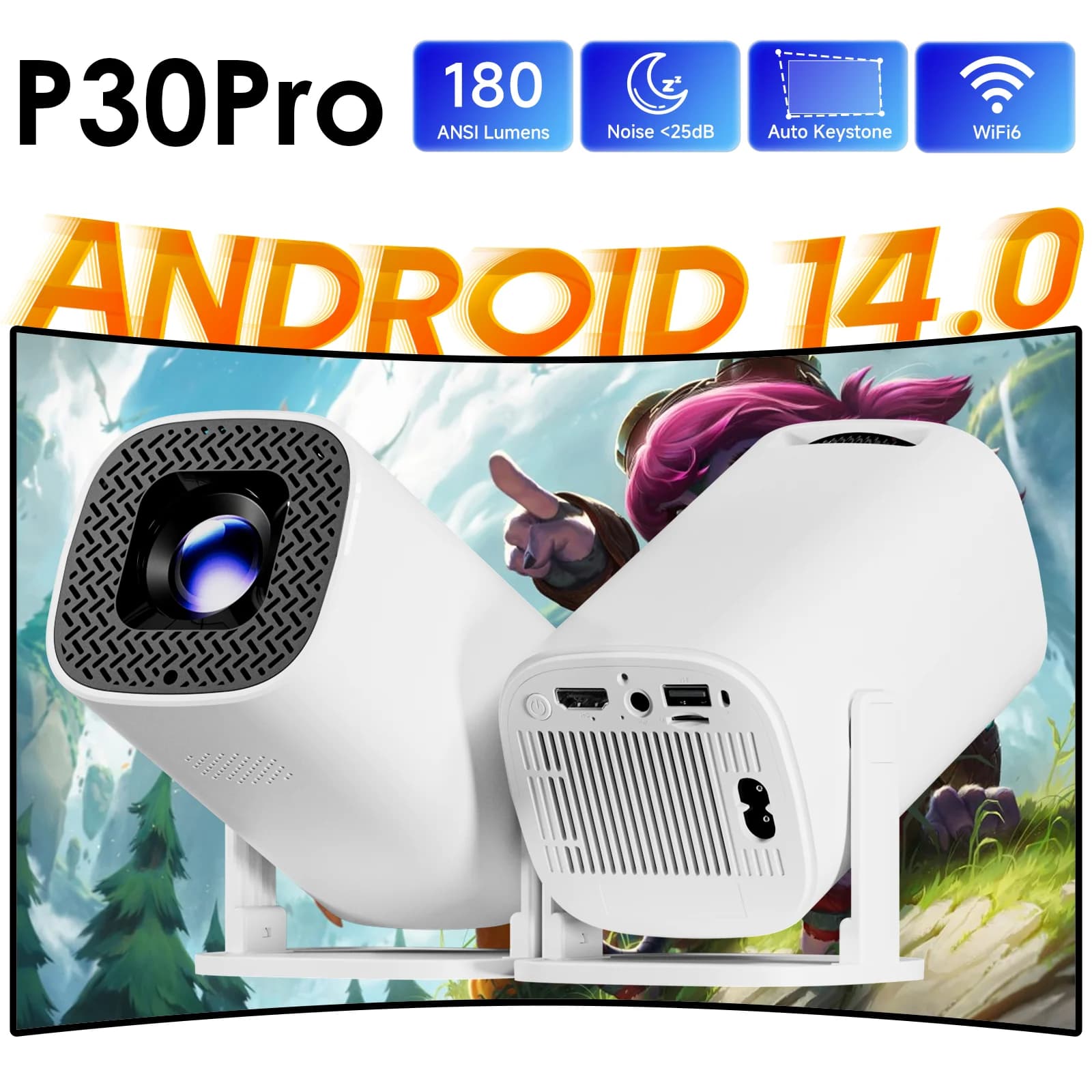 HONGTOP P30PRO Mini proiettore intelligente Android 14 WiFi6 BT 5.0 Supporto 4K 1280*720P Proiettore portatile esterno Smart Home Cinema