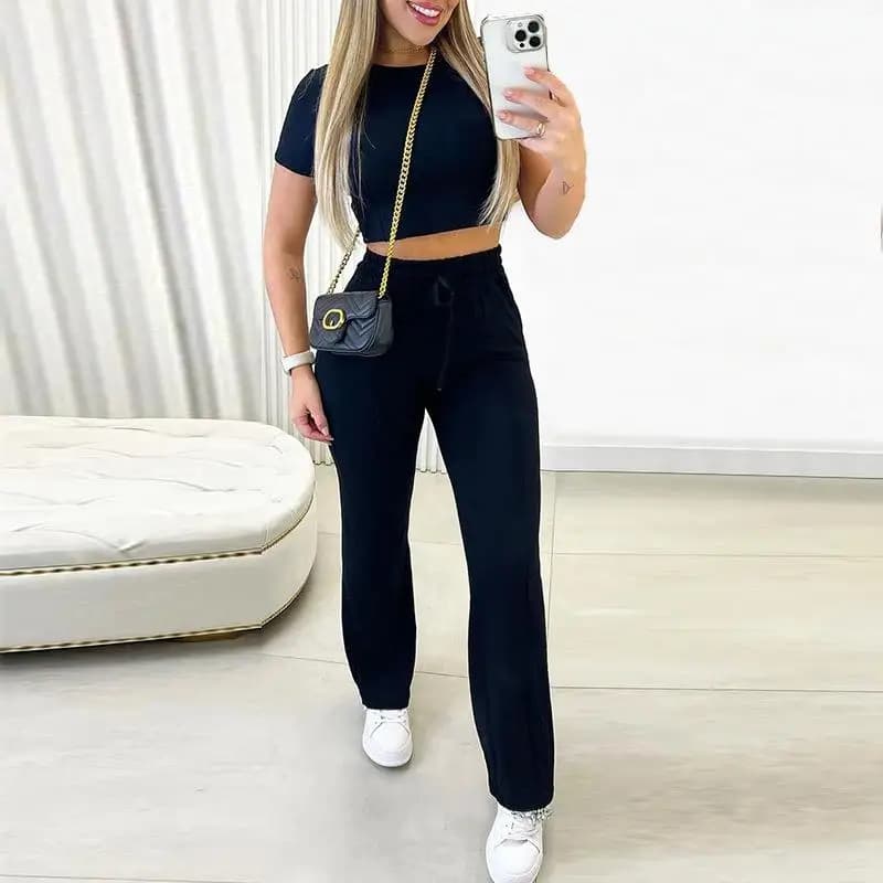 Women's High-Waisted Drawstring Short Sleeve T-Shirt Cute Style Winter Collection Three-Piece Set Long Pants Color