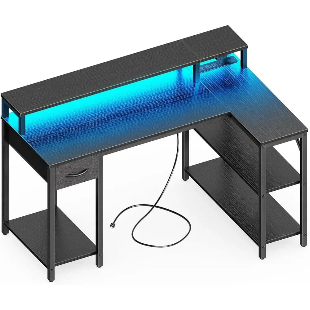 L-shaped gaming desk with LED lights and sockets, reversible computer desk with shelves and monitor support, corner desk with Dr