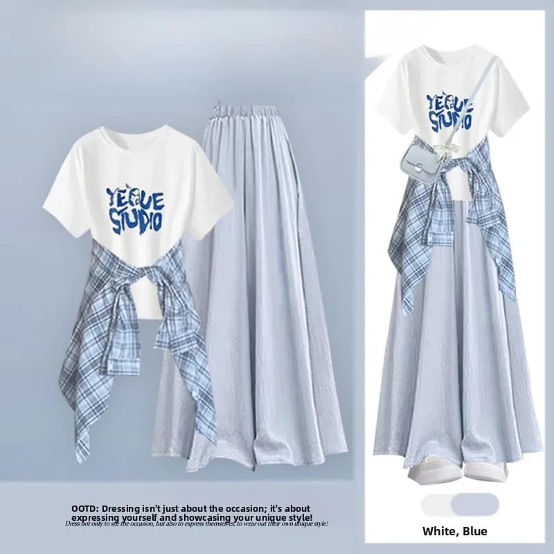 Women's Letter Print round Neck Short Sleeve T-Shirt High Waist Wide Leg Pants Three Piece Set Vintage Plaid Shirt Jacket