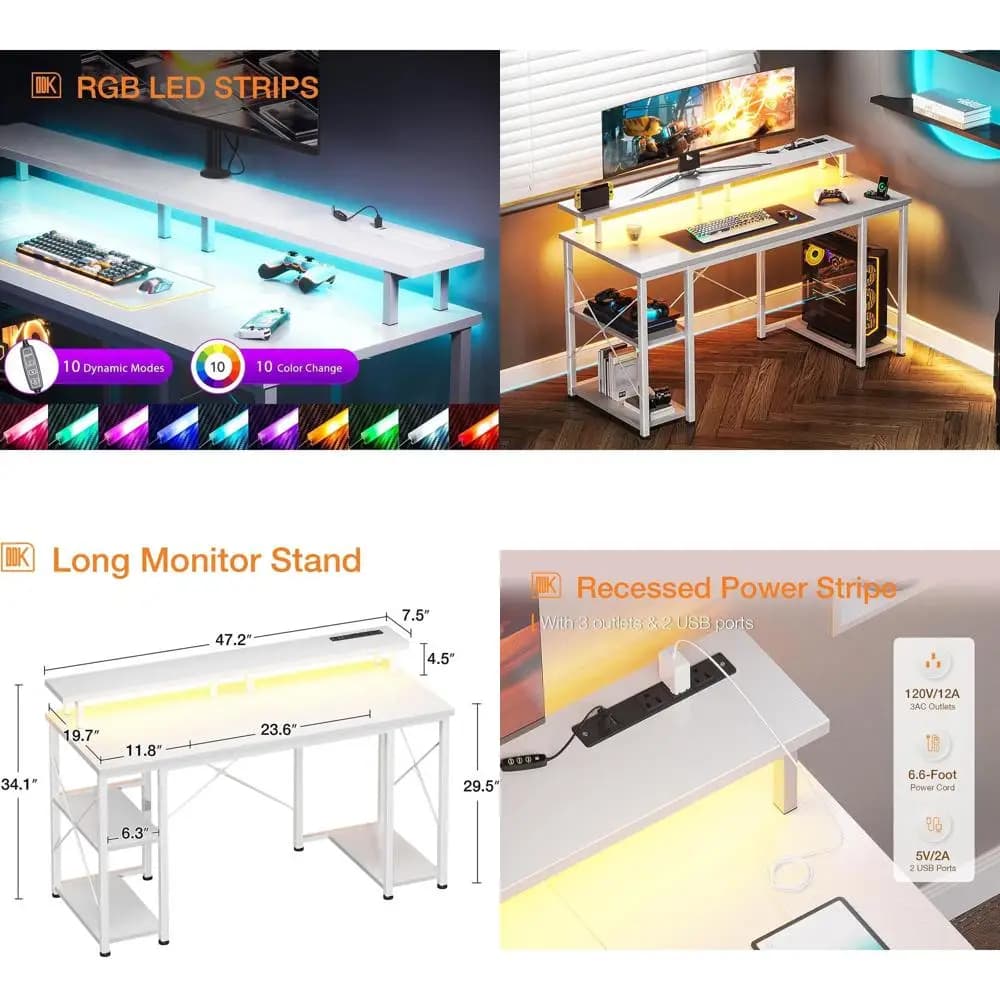 White LED illuminated 48 gaming desk with monitor support, storage shelves and home office CPU support