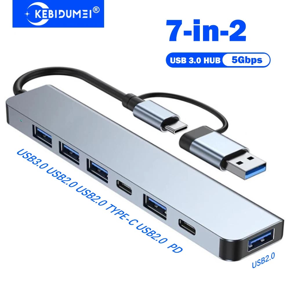 KEBIDUMEI Docking Station USB C 7-in-2 Hub USB 3.0 Adattatore OTG da 5 Gbps da tipo C a USB 3.0 per PC portatile Macbook
