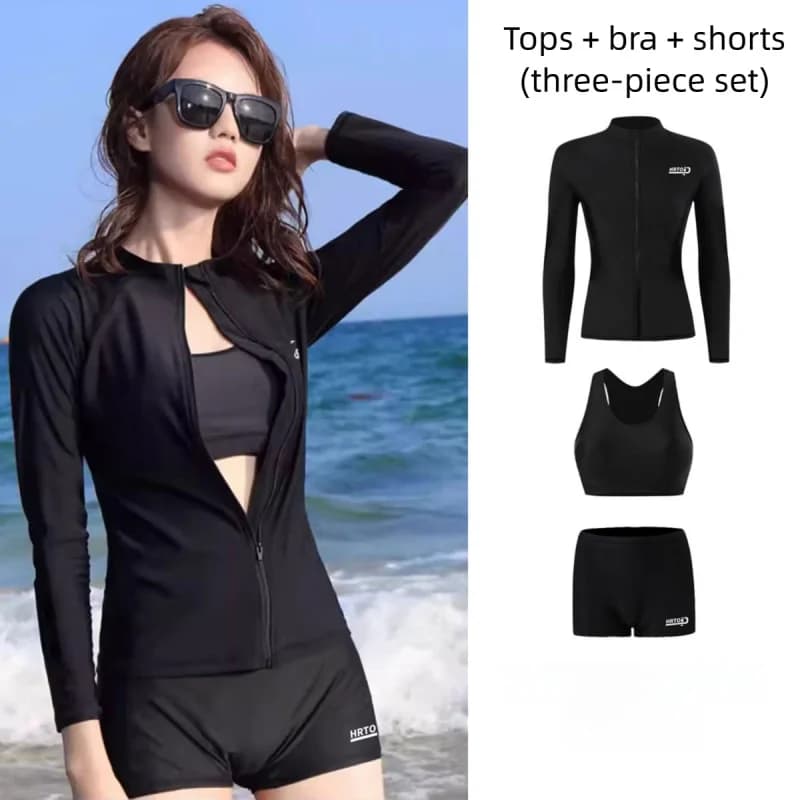 4 Pieces Swimsuit Set Women Plus Size Long Sleeve Long Pants Split Sunscreen Slim Fit Bathing Suit For Diving Snorkeling Beach