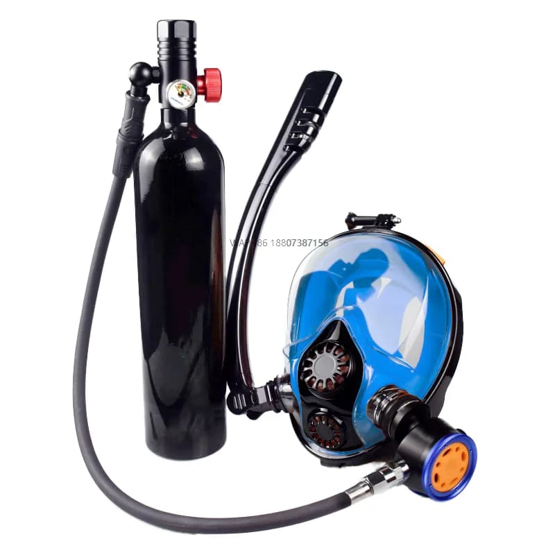 1 liter high-pressure aluminum oxygen tank, underwater device with snorkeling mask, for dives of 20 minutes.
