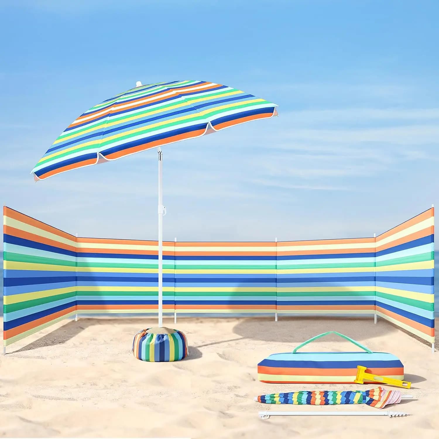 20ft Beach Windscreen Set With 6ft Beach Umbrella UV 50 Wind Blocker Sandbeach Tanning Privacy Screen Kit Sand Anchor Storage Bag Outdoor