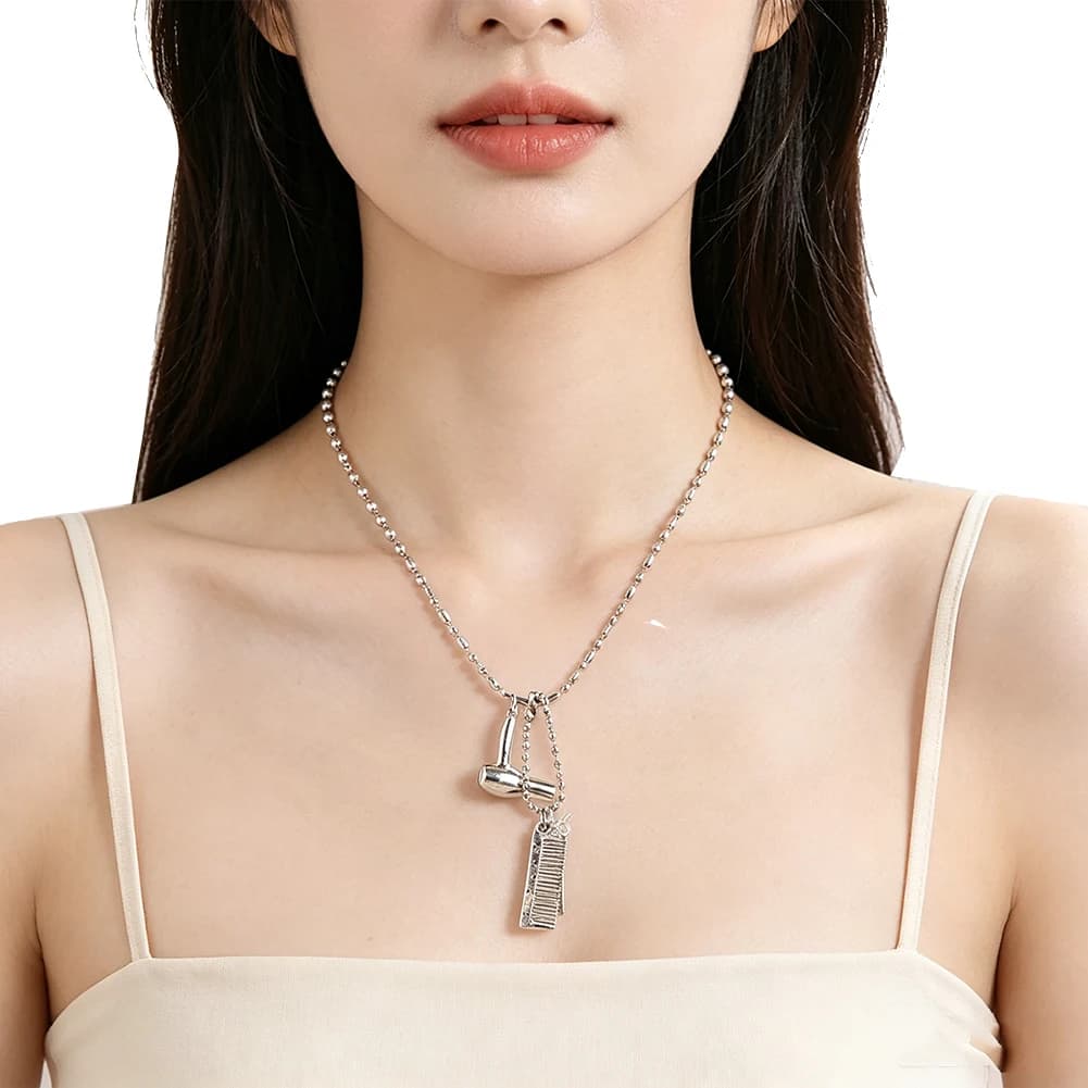 Collana con Ciondolo Boho per Parrucchieri, Oro Argento, con Ciondoli a Forma di Asciugacapelli, Forbici, Pettine, Catena a Sfera, Gioielli per Uso Quotidiano da Parrucchiere