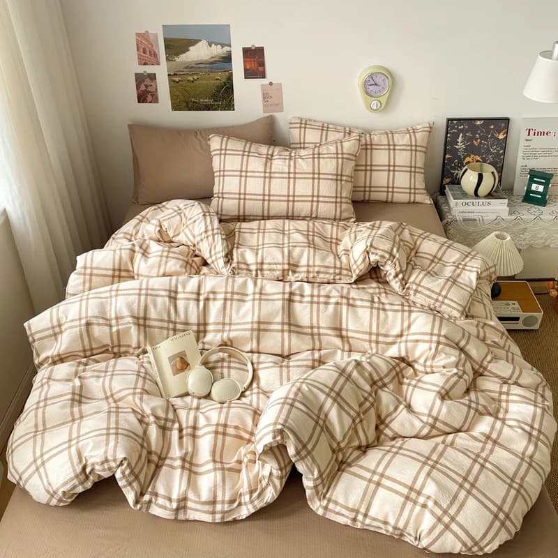 Set di biancheria da letto in stile minimalista a griglia a righe da 3/4 pezzi, set di copripiumino morbido e delicato sulla pelle, lenzuolo o copriletto, federe