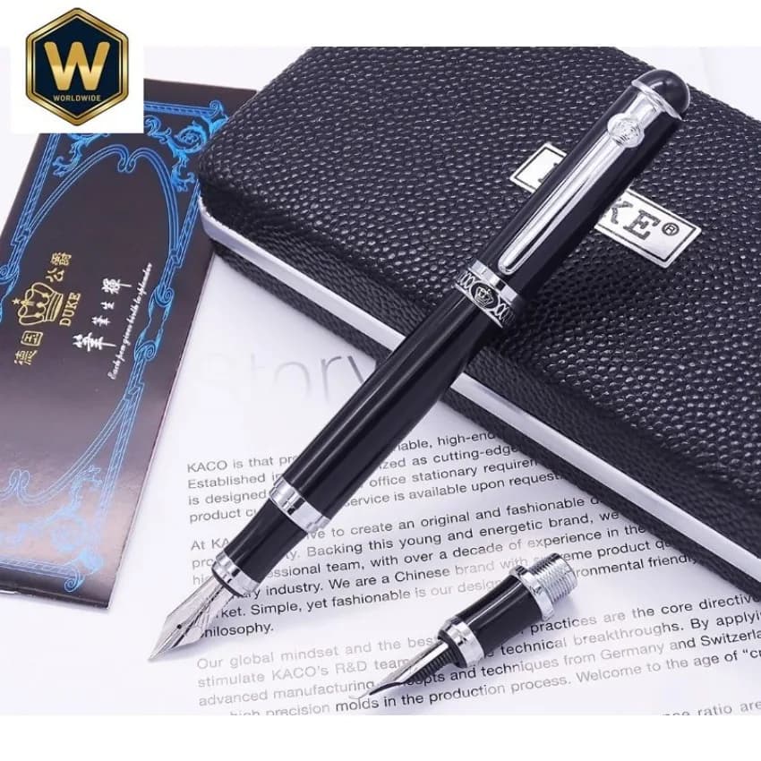 New Duke D2 Black Fountain Pen - Interchangeable F Nib/Iridium Medium/Fude Calligraphy Nib, Writing Gift Stationery Supplies