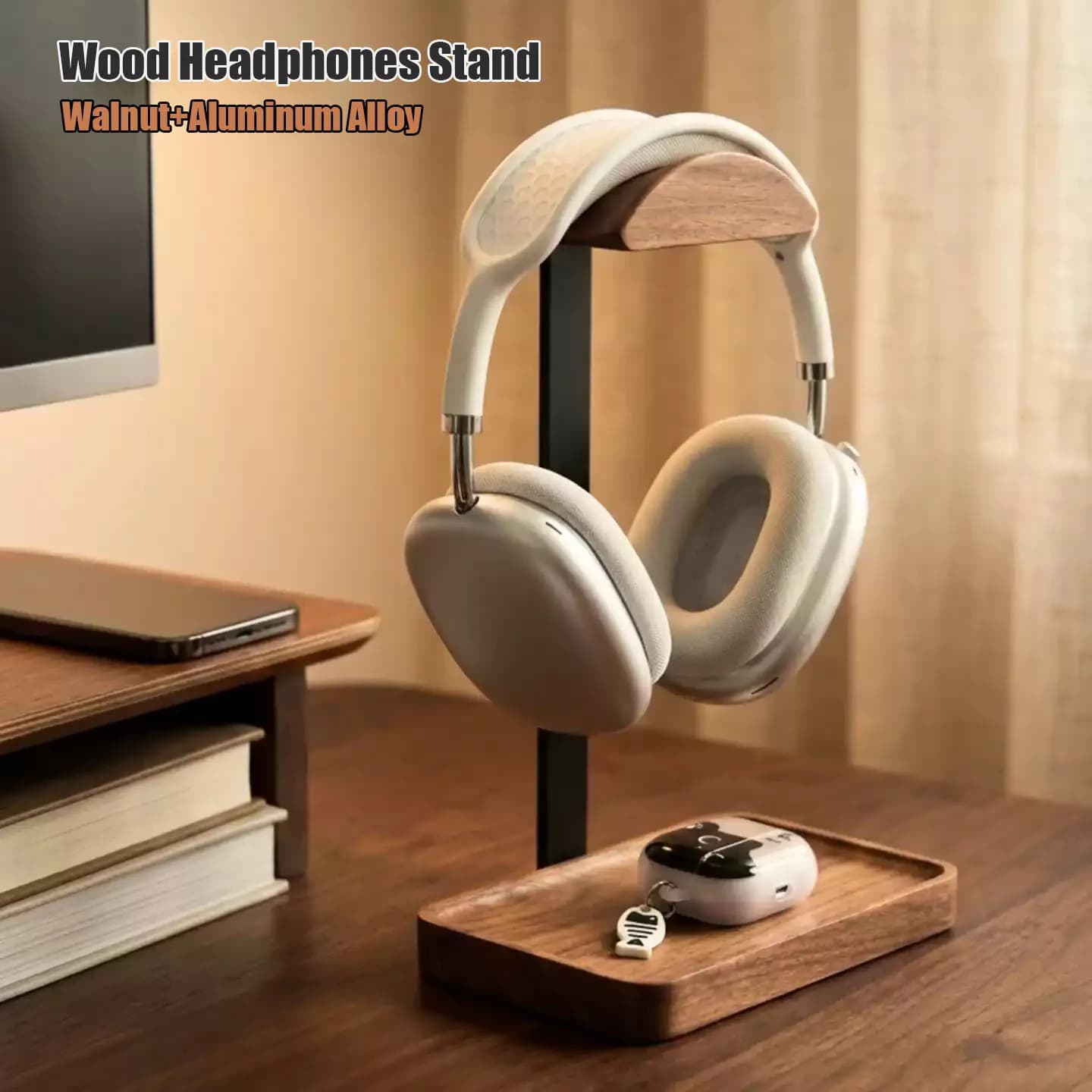 Supporto per Cuffie in Legno di Noce e Alluminio Nero, Espositore da Scrivania per Gaming con Base Portaoggetti