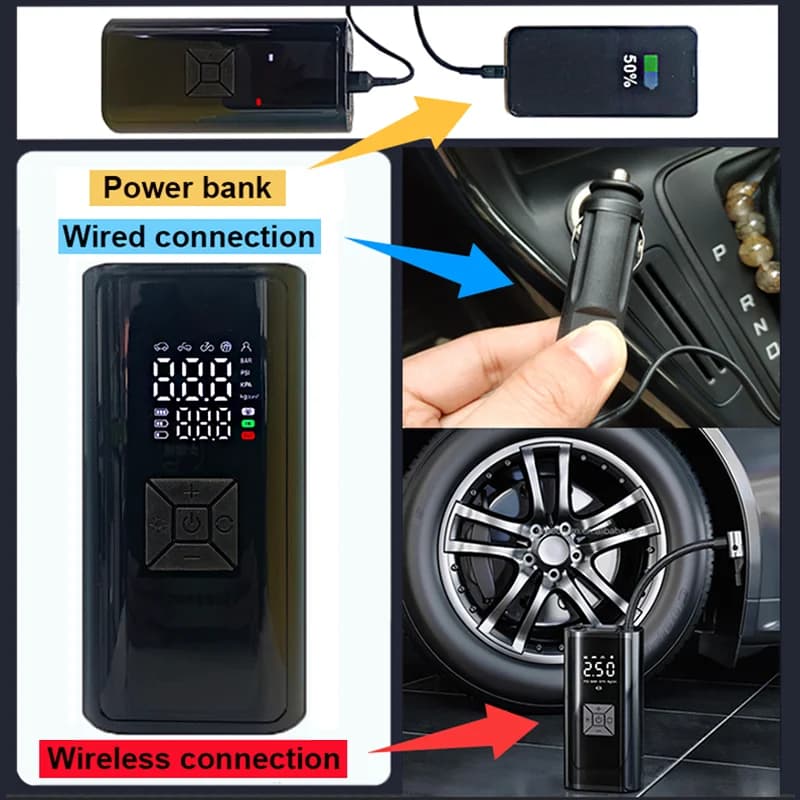 Pompa di aria elettrica cablata e wireless Compressore d'aria per auto 4In1 Pompa di gonfiaggio pneumatici Lampada di emergenza portatile con sorgente di alimentazione a 4 funzioni