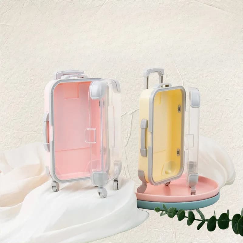 7pc Mini valigia trasparente Scatola portaoggetti per caramelle per feste Piccoli oggetti Viaggio Ciglia finte Display per gioielli Simulazione Trolley Case