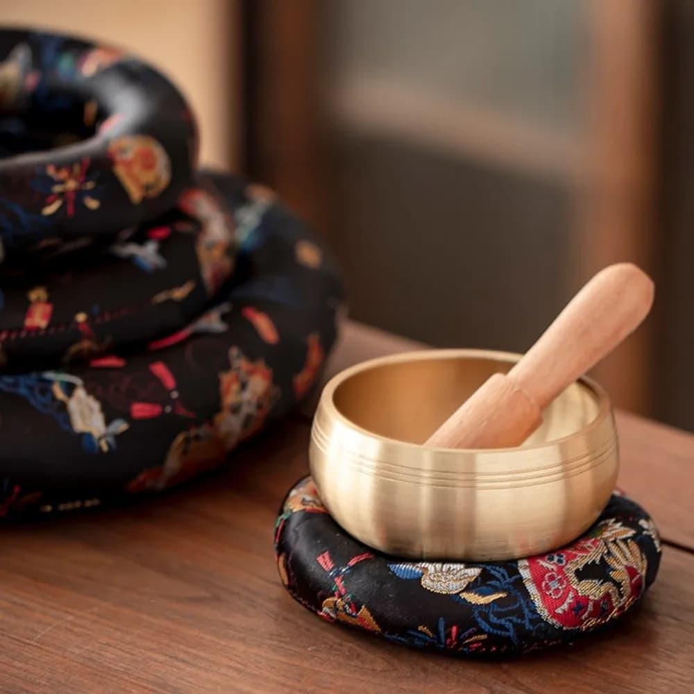 Nepalese Dragon Design Singing Bowl Mat Brocade Donut Shape Sound Copper Out Mat Traditional Non Slip Wooden Fish Coaster Yoga