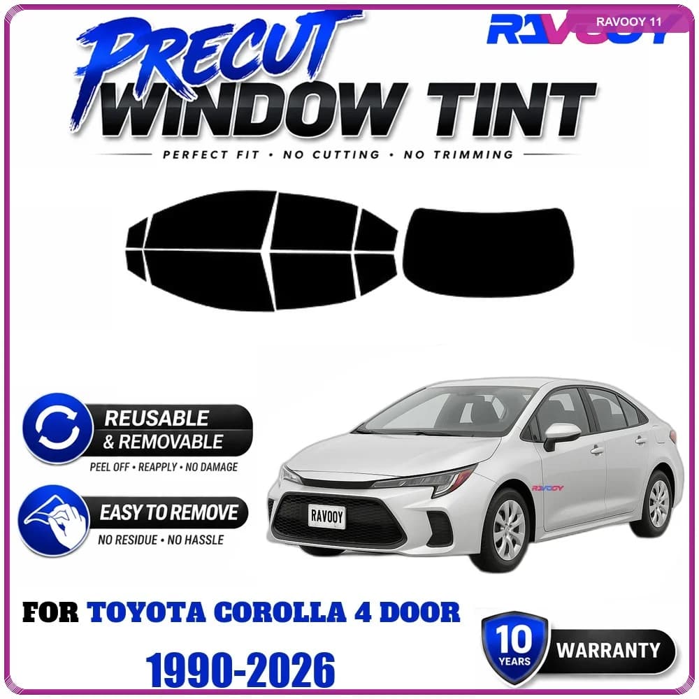 RAVOOY Precut Window Tint, Reusable Removable EPU Film, Custom Fit for Toyota Corolla 4 Door 1990-2026, UV Heat Protection